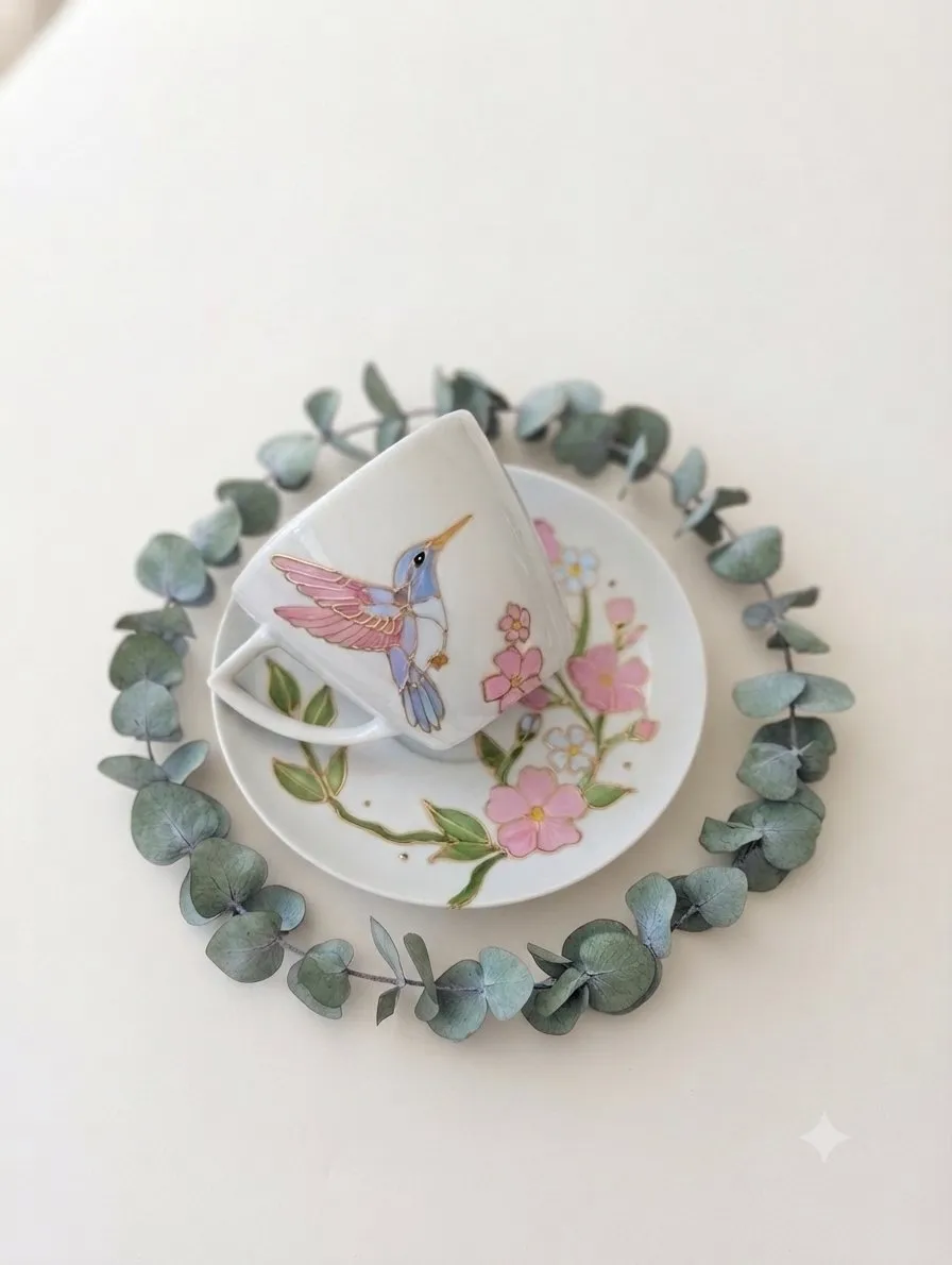 Koliber na filiżance i talerzyku — rękodzieło: porcelana