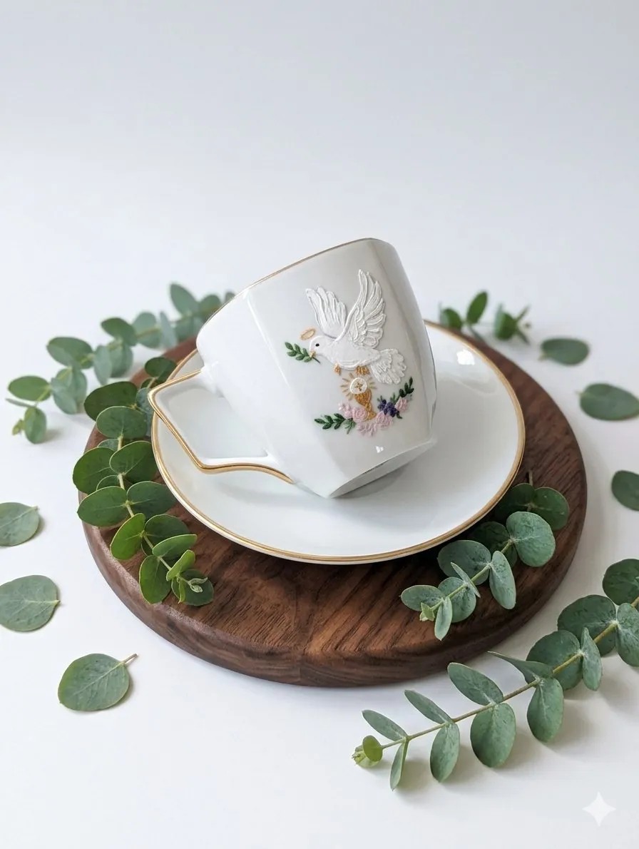 Filiżanka z gołębicą — rękodzieło: porcelana