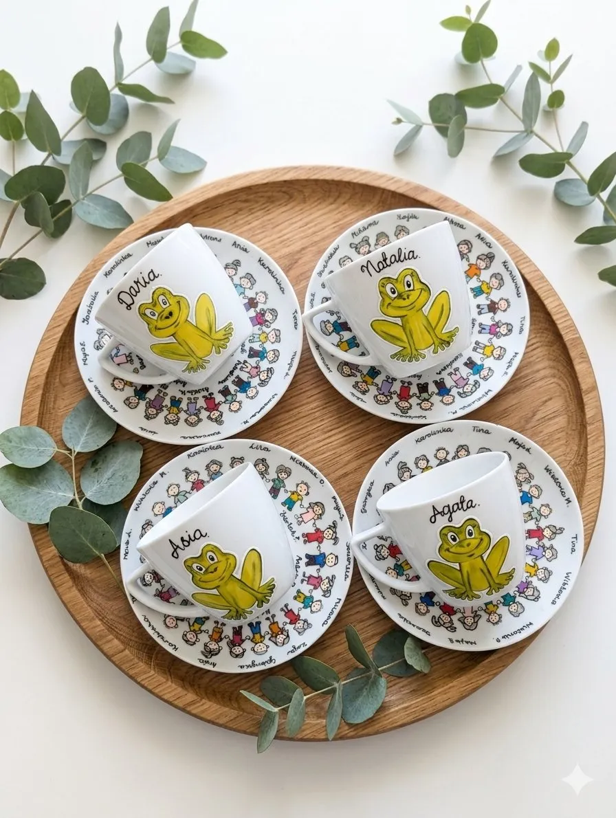 Filiżanki z żabkami i imionami — rękodzieło: porcelana